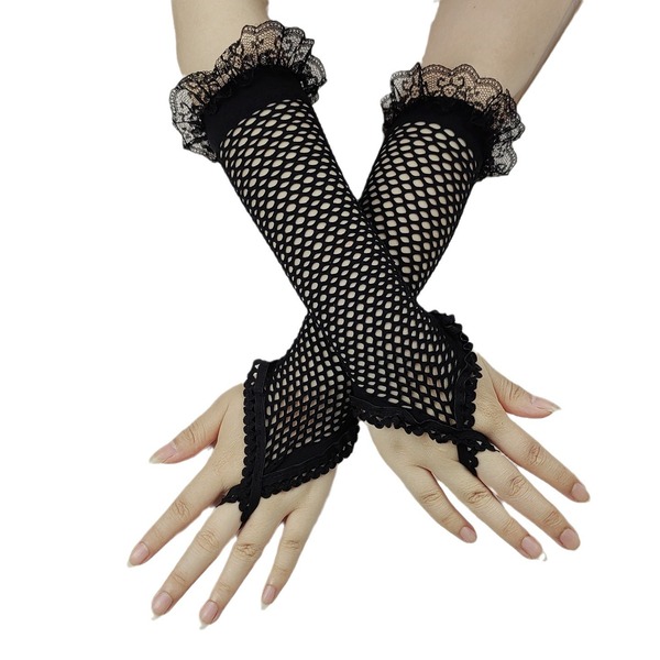 Retro Black Lace Hook Finger Fishnet Gloves.